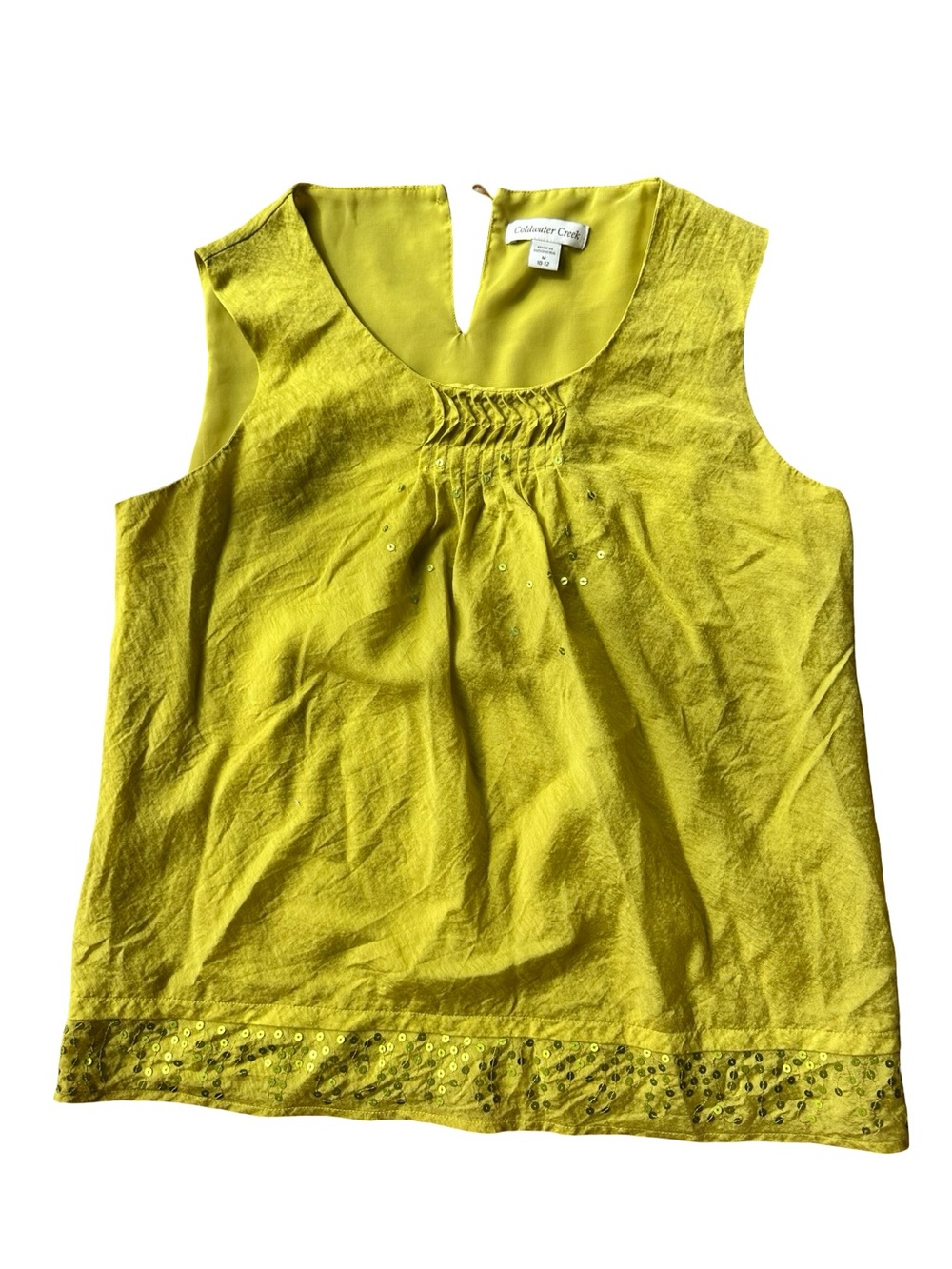 Coldwater Creek Lime Green Sleeveless Smocked Tank with Sequin Hem